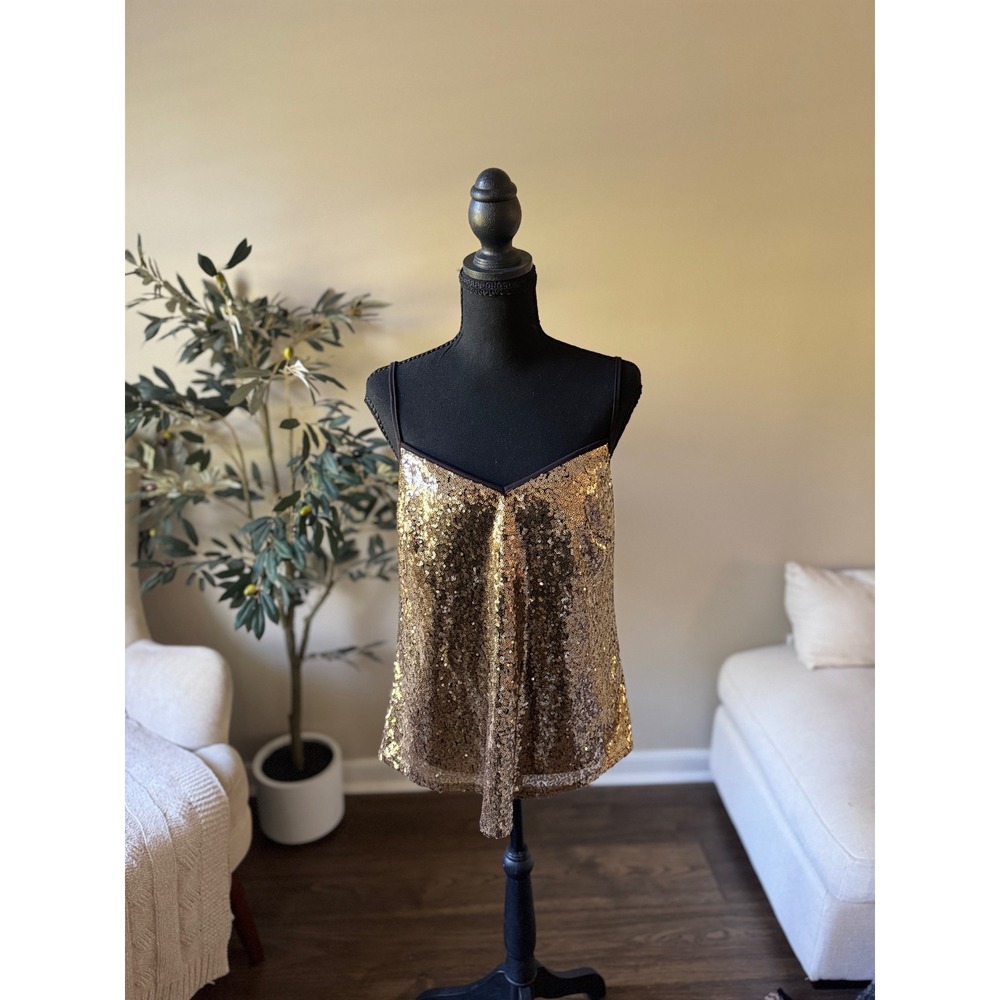 NY&C Gold Sequin Camisole V-Neck Adjustable Strap Tank Top Medium